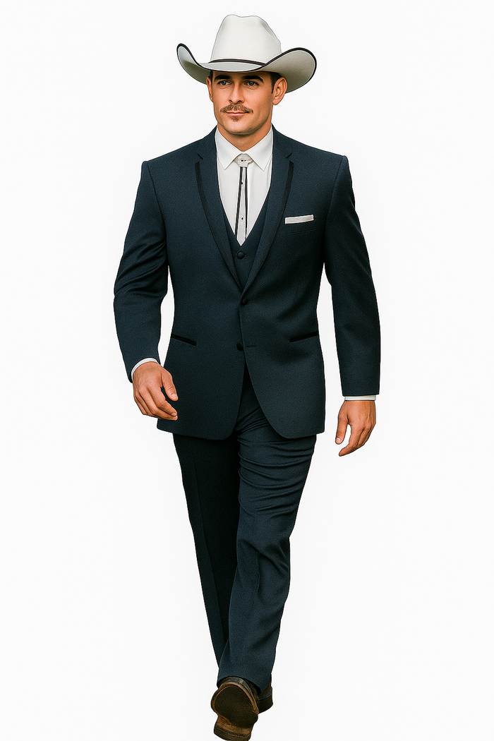 2 Button Vested Satin Trim Lapel Cowboy Tuxedo in Navy - Image 5
