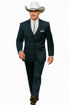 2 Button Vested Satin Trim Lapel Cowboy Tuxedo in Navy - Image 5