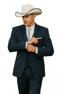 2 Button Vested Satin Trim Lapel Cowboy Tuxedo in Navy