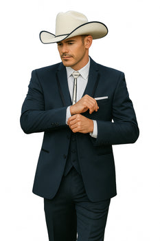 2 Button Vested Satin Trim Lapel Cowboy Tuxedo in Navy - Image 2