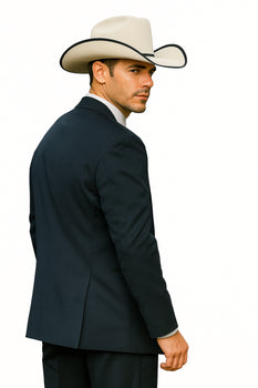 2 Button Vested Satin Trim Lapel Cowboy Tuxedo in Navy - Image 6