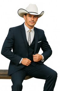 2 Button Vested Satin Trim Lapel Cowboy Tuxedo in Navy
