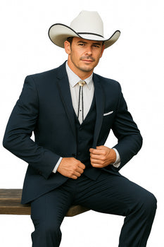 2 Button Vested Satin Trim Lapel Cowboy Tuxedo in Navy - Image 4