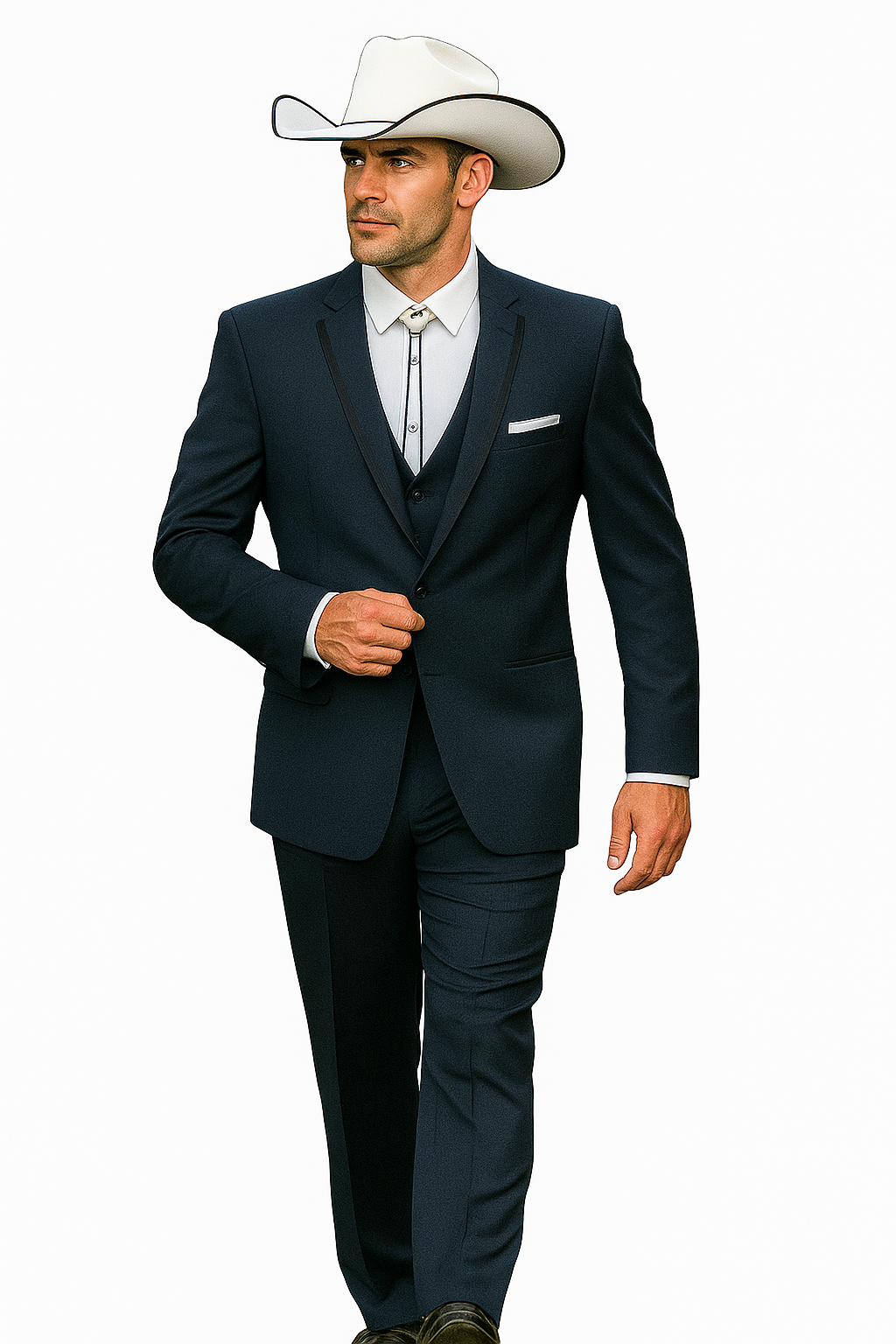2 Button Vested Satin Trim Lapel Cowboy Tuxedo in Navy - Image 3