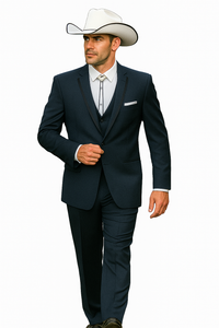2 Button Vested Satin Trim Lapel Cowboy Tuxedo in Navy