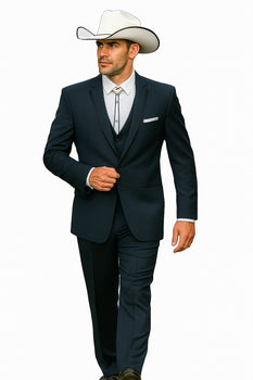 2 Button Vested Satin Trim Lapel Cowboy Tuxedo in Navy - Image 3