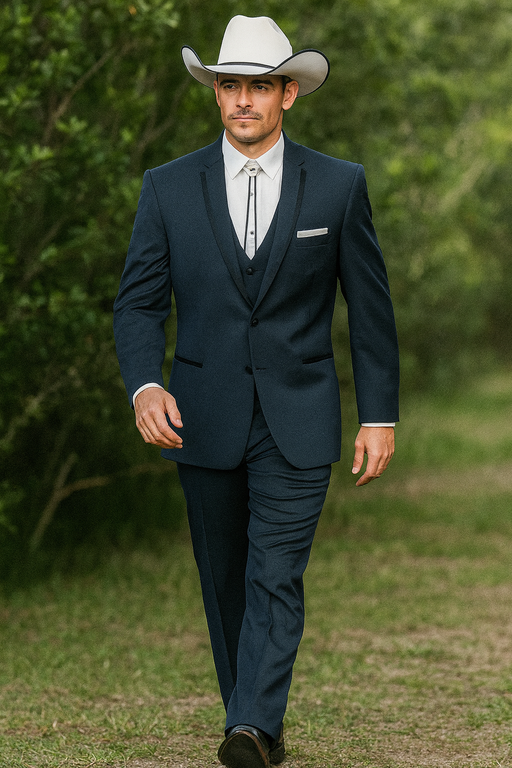 2 Button Vested Satin Trim Lapel Cowboy Tuxedo in Navy