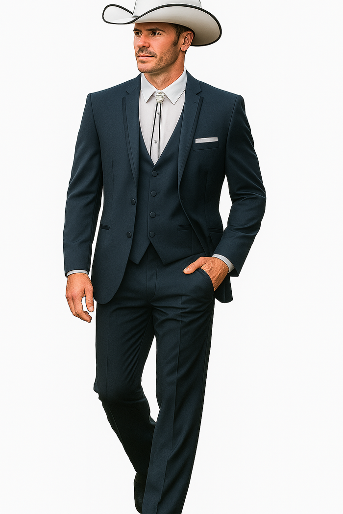 2 Button Vested Satin Trim Lapel Cowboy Tuxedo in Navy