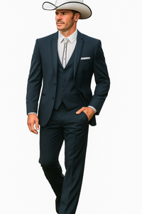 2 Button Vested Satin Trim Lapel Cowboy Tuxedo in Navy