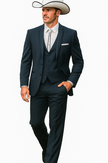 2 Button Vested Satin Trim Lapel Cowboy Tuxedo in Navy
