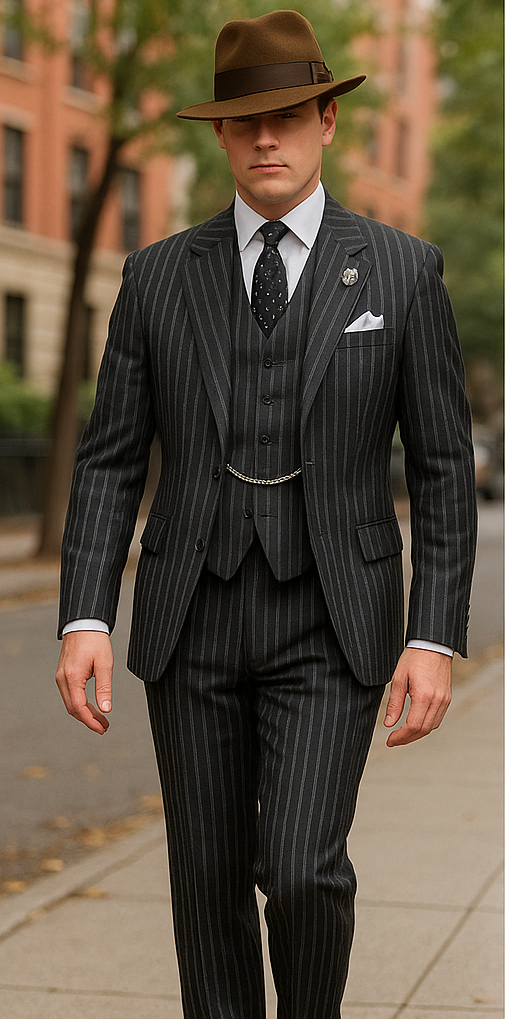 2 Buttons Black And Bold Chalk Gangster White Stripe Vested Big 1920 1930 Suit Flat Front Pants - Image 5