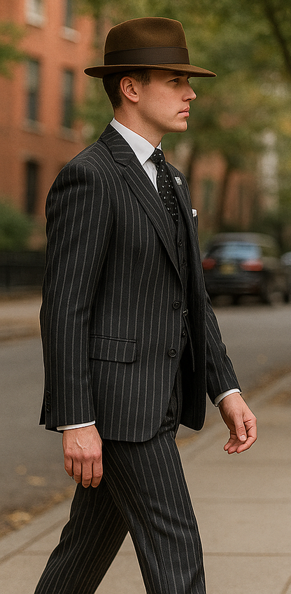 2 Buttons Black And Bold Chalk Gangster White Stripe Vested Big 1920 1930 Suit Flat Front Pants - Image 4