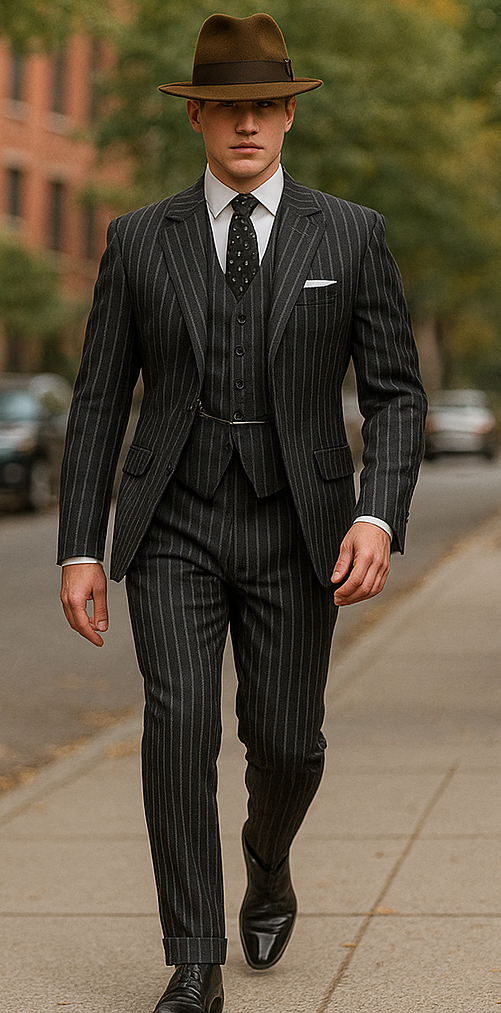 2 Buttons Black And Bold Chalk Gangster White Stripe Vested Big 1920 1930 Suit Flat Front Pants