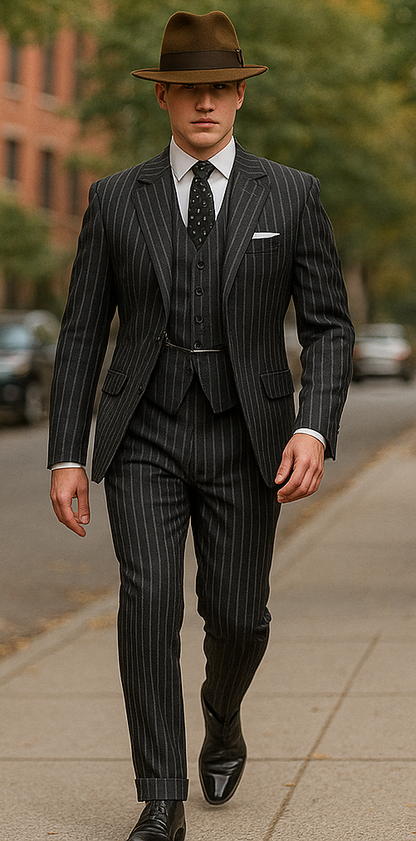 2 Buttons Black And Bold Chalk Gangster White Stripe Vested Big 1920 1930 Suit Flat Front Pants