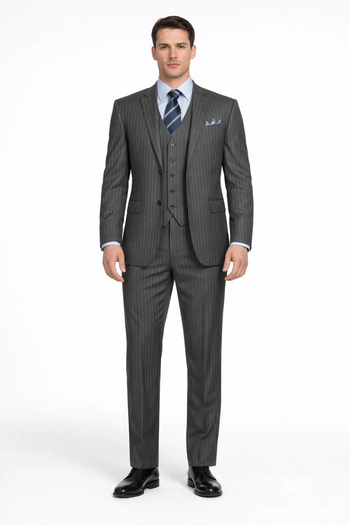 2 Buttons With Vest 3 Pieces Medium Grey PinStripes