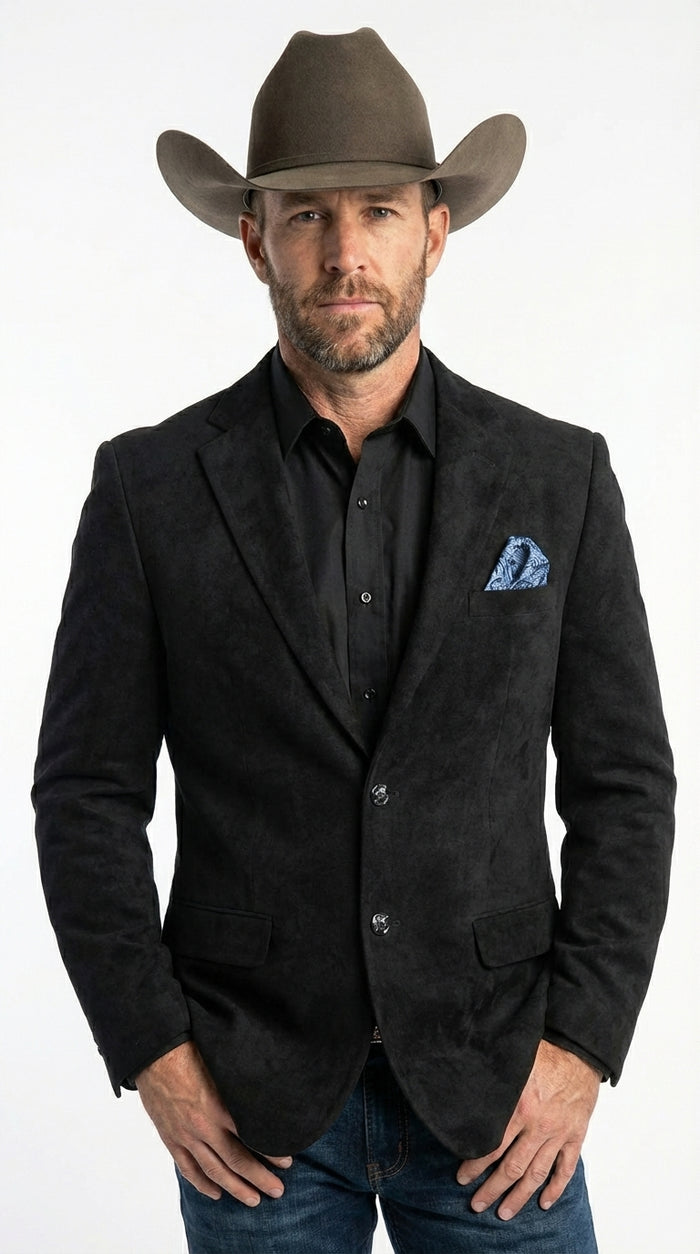Men’s Black Suede Cowboy Blazer with Elbow Patch Sleeves – Black Western Style Suede Sport Coat for Casual and Smart Casual Wear