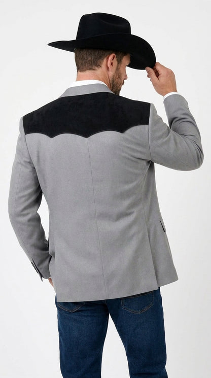 Men’s Grey Western Blazer with Black Suede Yoke – Cowboy Sport Coat for Rodeo, Country Wedding & Ranch Wear