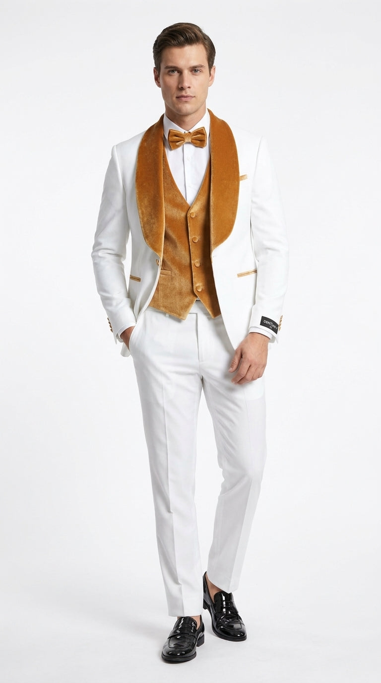 Men's White & Gold Tuxedo – Velvet Shawl Lapel 3 Piece Wedding & Prom Suit