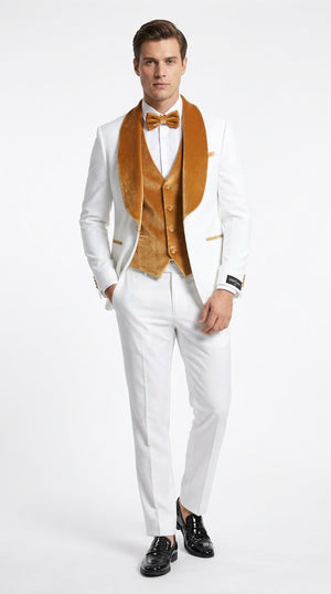 Men's White & Gold Tuxedo – Velvet Shawl Lapel 3 Piece Wedding & Prom Suit