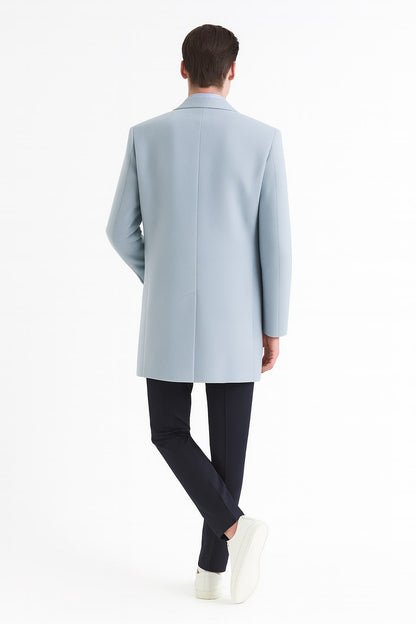 Mens Light Blue Wool Overcoat – Modern Long Coat with Classic Tailored Fit in Sky Blue - Image 2