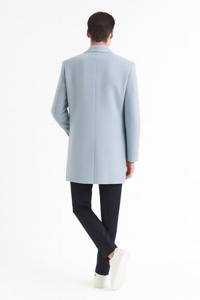 Mens Light Blue Wool Overcoat – Modern Long Coat with Classic Tailored Fit in Sky Blue - Image 2