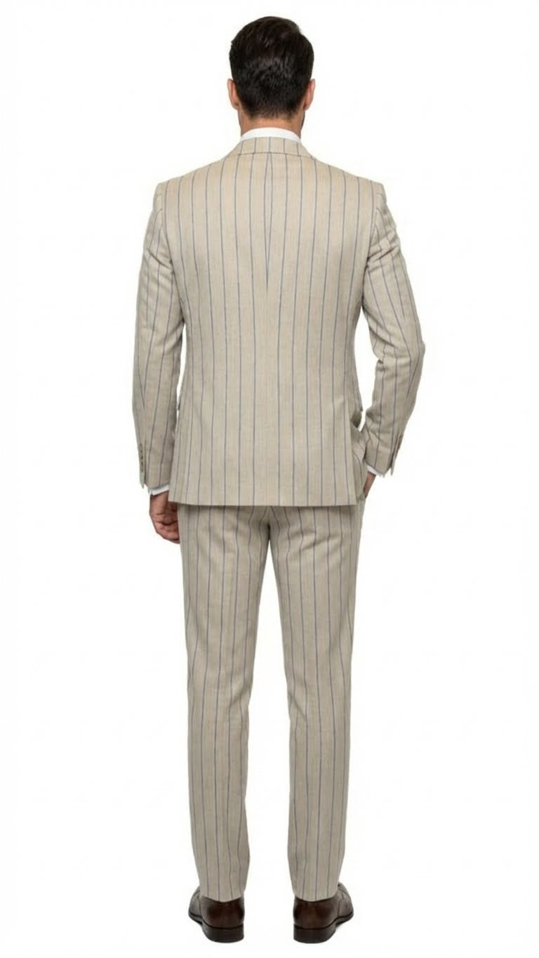 Men's Beige with blue Pinstripe Three-Piece Suit with Vest by Rossiman Vested Peak Lapel in Tan Stripe 1920s style - Image 2