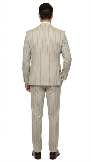 Men's Beige with blue Pinstripe Three-Piece Suit with Vest by Rossiman Vested Peak Lapel in Tan Stripe 1920s style - Image 2