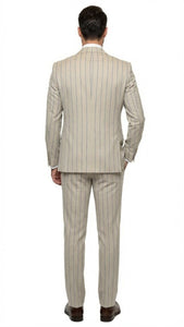 Men's Beige with blue Pinstripe Three-Piece Suit with Vest by Rossiman Vested Peak Lapel in Tan Stripe 1920s style