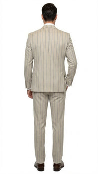 Men's Beige with blue Pinstripe Three-Piece Suit with Vest by Rossiman Vested Peak Lapel in Tan Stripe 1920s style - Image 2