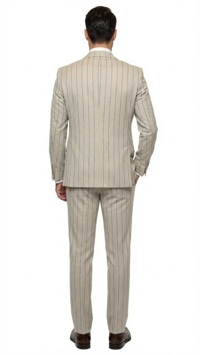 Men's Beige with blue Pinstripe Three-Piece Suit with Vest by Rossiman Vested Peak Lapel in Tan Stripe 1920s style