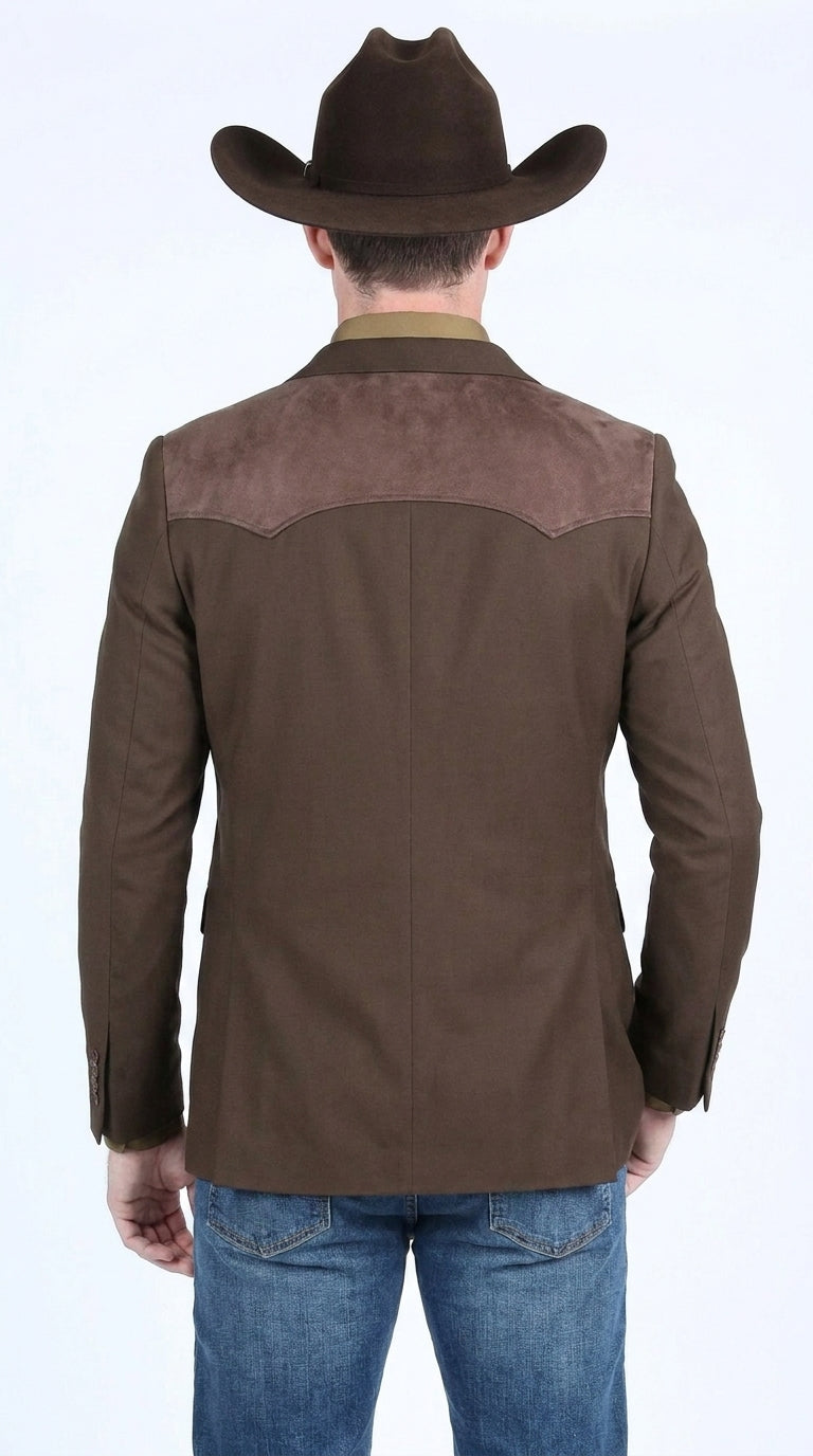 Men’s Dark Brown Western Blazer with Suede Yoke – Cowboy Sport Coat with Western Shoulder Details