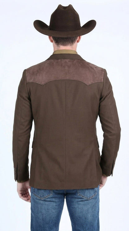 Men’s Dark Brown Western Blazer with Suede Yoke – Cowboy Sport Coat with Western Shoulder Details