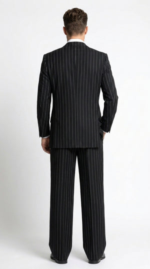 Men’s Black Pinstripe 3-Piece Suit Wool Suit  – Classic Fit Single Button Suit with Wide Leg Pleated Pants By Tiglio Russo