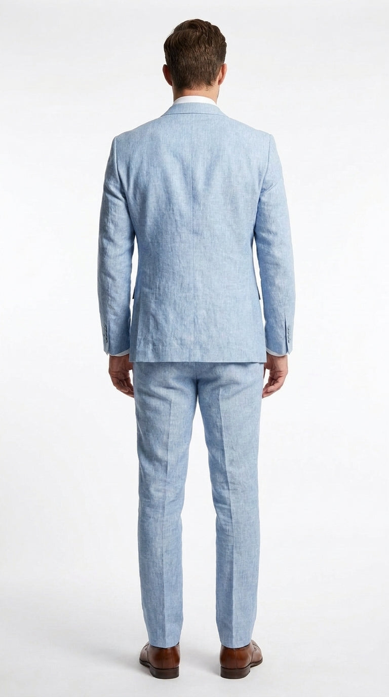 Men’s Light Blue Linen Summer Suit – Two Button Blazer with Elbow Patch Sleeves