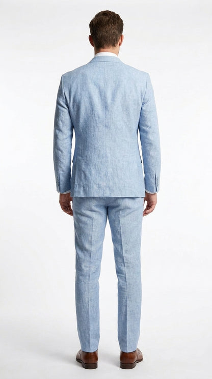 Men’s Light Blue Linen Summer Suit – Two Button Blazer with Elbow Patch Sleeves