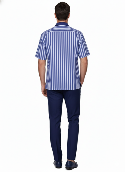 Men’s Blue and White Vertical Stripe Short Sleeve Shirt Set – Casual Summer Two-Piece Outfit  With Walking Suit Plus Matching Pants