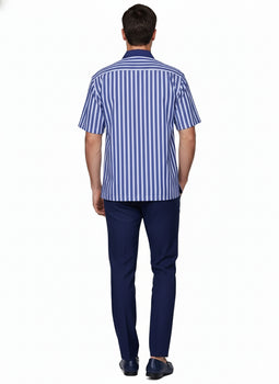 Men’s Blue and White Vertical Stripe Short Sleeve Shirt Set – Casual Summer Two-Piece Outfit  With Walking Suit Plus Matching Pants