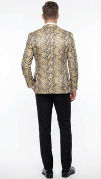 Men’s Beige and Black Snakeskin Print Blazer – Alligator Crocodile Exotic Sking Sport Coat Jacket in Tan Camel Color