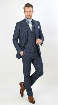 Men’s Pleated Pants Dark Blue Denim 3 Piece Suit – 100% Cotton Formal Suit Set, Blazer Vest Pants Outfit Classic Fit Athletic Fit Lose Fit