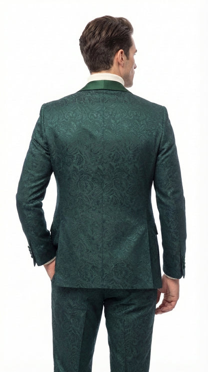 Mens Hunter Green Wedding Tuxedo Suit – Paisley Pattern Three Piece Formal Suit Set with Shawl Lapel for Groom, Prom in Emerald green