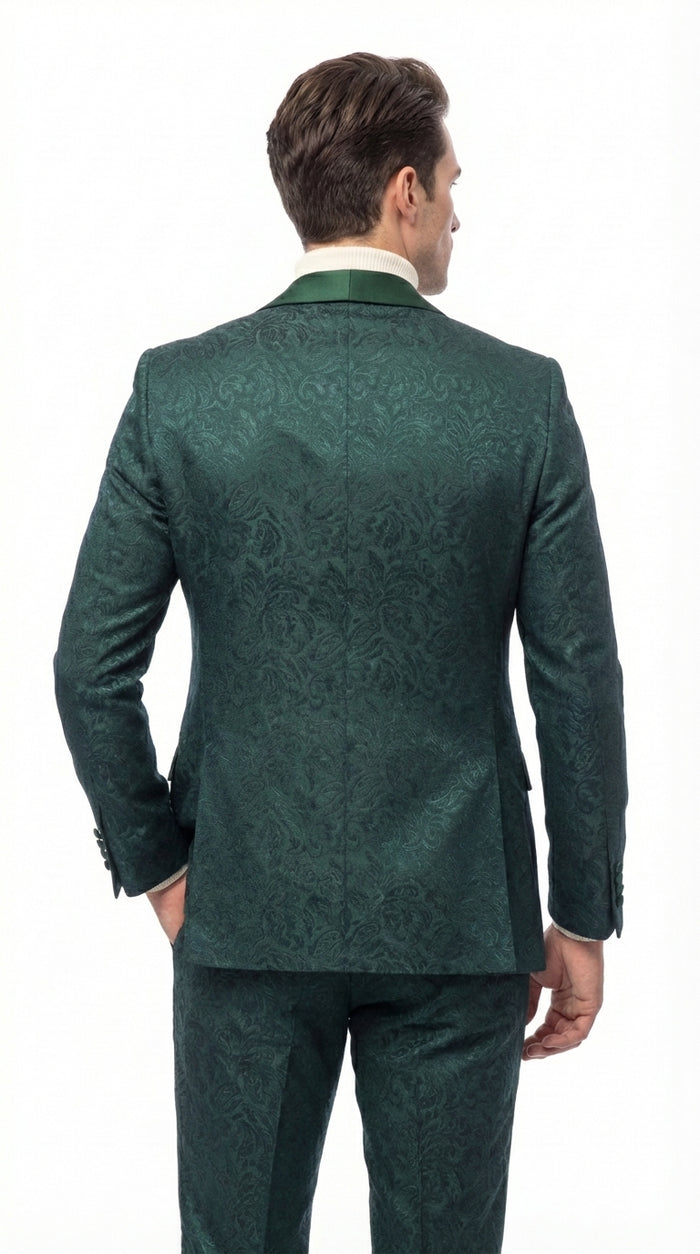Mens Hunter Green Wedding Tuxedo Suit – Paisley Pattern Three Piece Formal Suit Set with Shawl Lapel for Groom, Prom in Emerald green