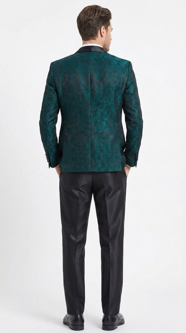 Tazzio Men’s Hunter Green & Black Paisley Tuxedo – Skinny Fit Shawl Collar 3-Piece Prom and Wedding Suit