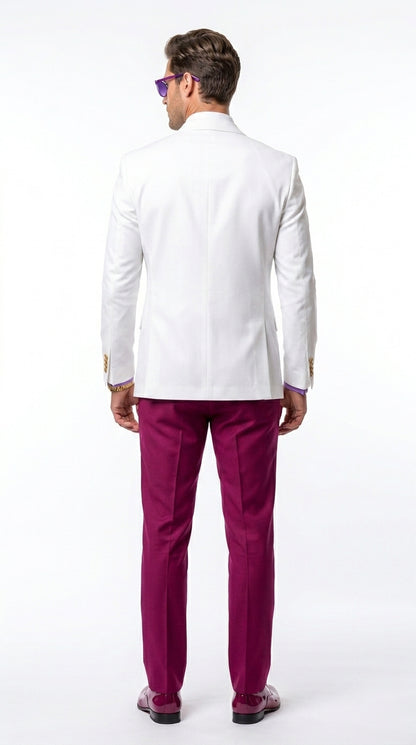 White and Burgundy Tuxedo Wedding Suit for Men – White Dinner Jacket with Burgundy Vest, Pants and Bow Tie