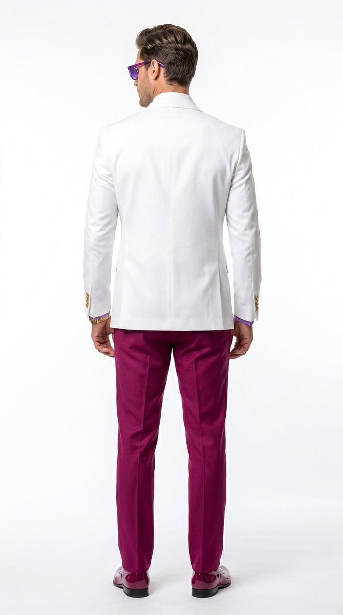 White and Burgundy Tuxedo Wedding Suit for Men – White Dinner Jacket with Burgundy Vest, Pants and Bow Tie