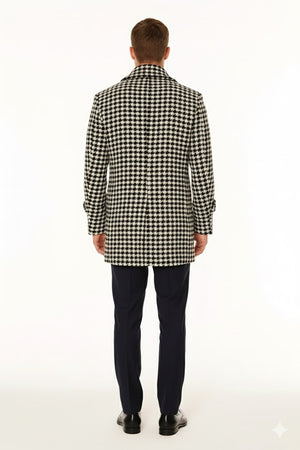 Mens Houndstooth Double-Breasted Overcoats – Classic Black and White Wool Blend Peacoat Wool Fabric - Image 2