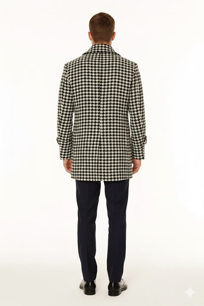 Mens Houndstooth Double-Breasted Overcoats – Classic Black and White Wool Blend Peacoat Wool Fabric - Image 2