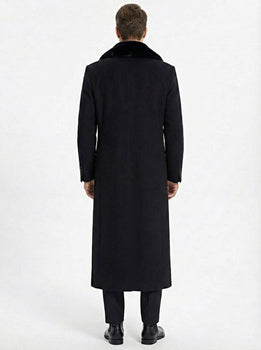 Men’s Black Long Overcoat with Faux Fur Collar, Full Length Winter Topcoat for Formal and Business Wear