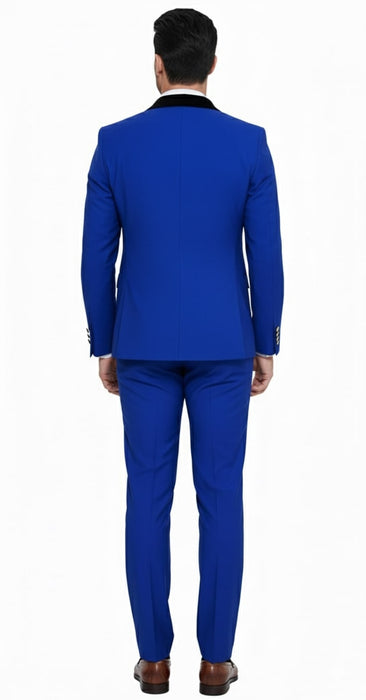 Mens Royal Blue Double-Breasted Tuxedo Suit – Modern Slim Fit Formal Wedding and Prom Outfit with Black Satin Lapel