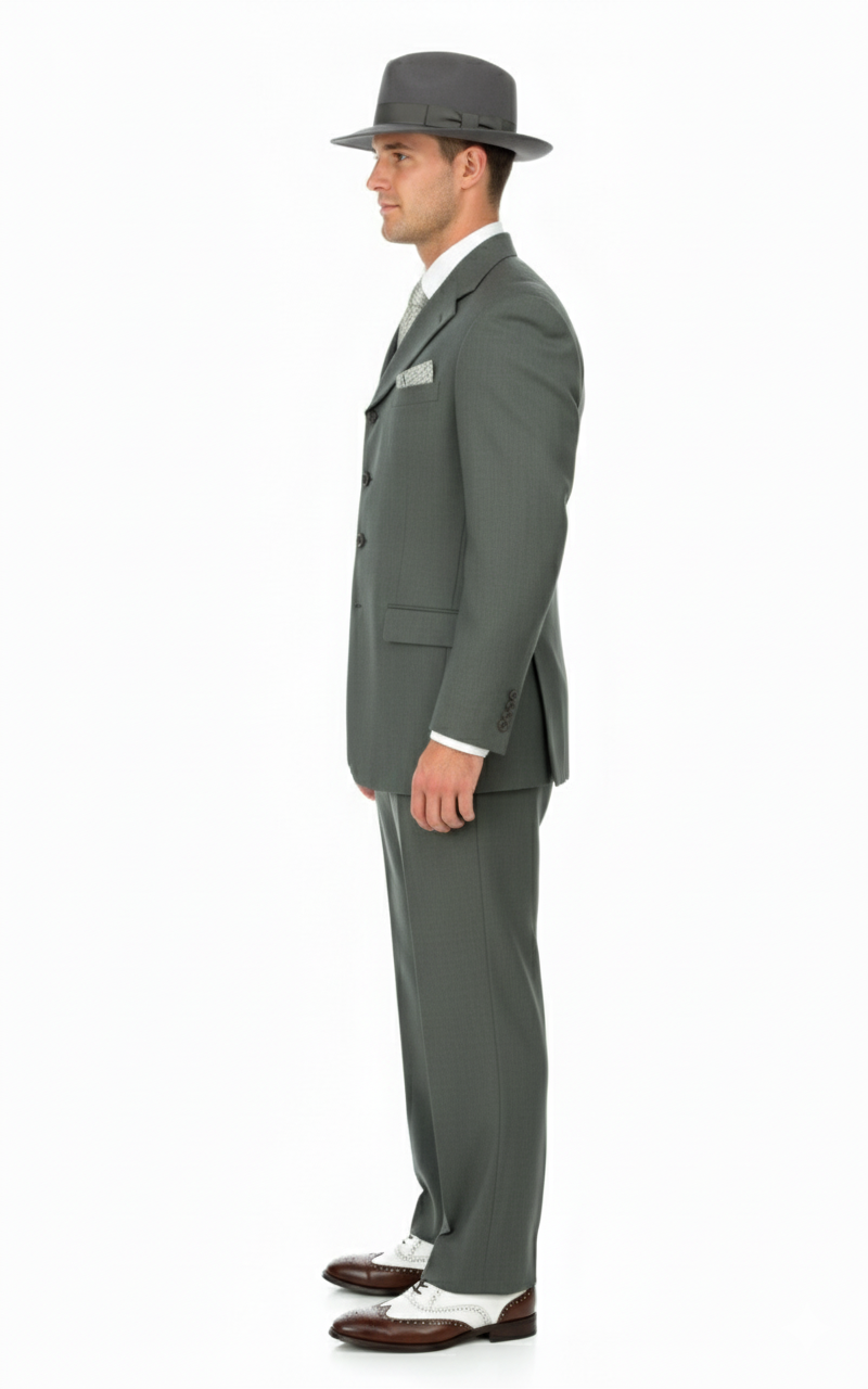 Men’s 1920s Olive Zoot Suit  – 4 Buttons  Gangster Wide Lapel Long Jacket 3-Piece Suit in Olive Color Classic Fit Pleated Pants