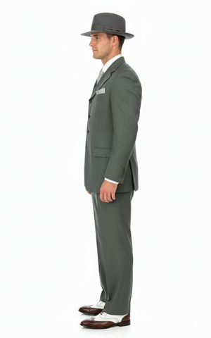 Men’s 1920s Olive Zoot Suit  – 4 Buttons  Gangster Wide Lapel Long Jacket 3-Piece Suit in Olive Color Classic Fit Pleated Pants